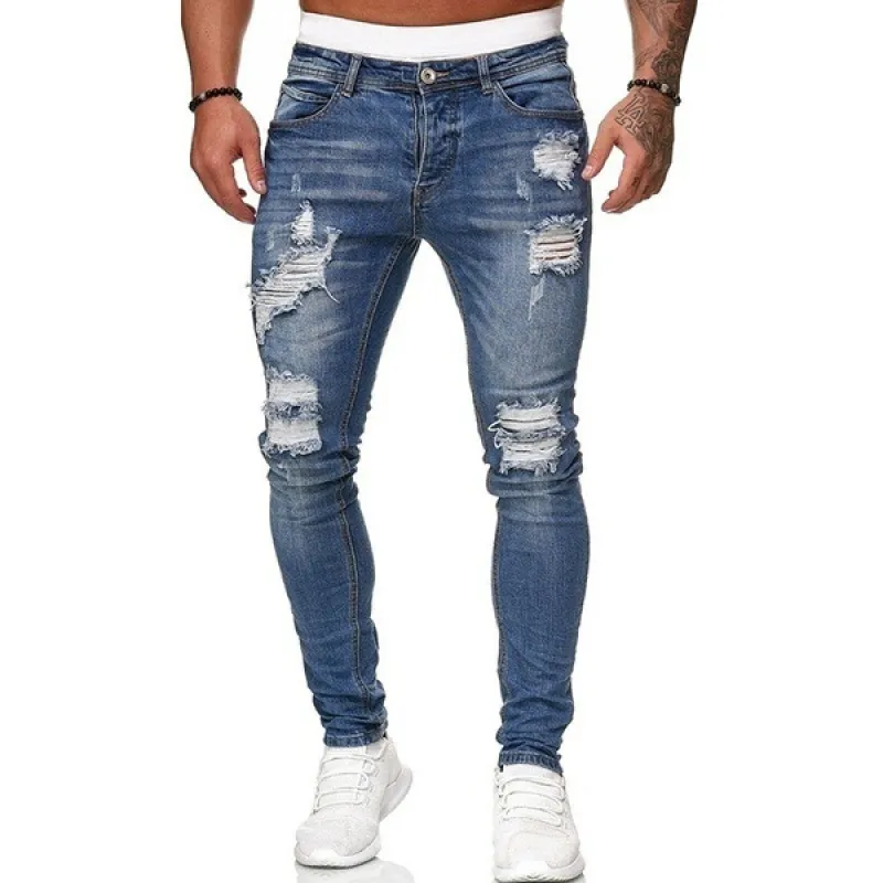 Fashion Street Style Ripped Skinny Jeans Men Vintage Wash Solid Denim Trouser Mens Casual Slim Fit Pencil Denim Pants - Image 5