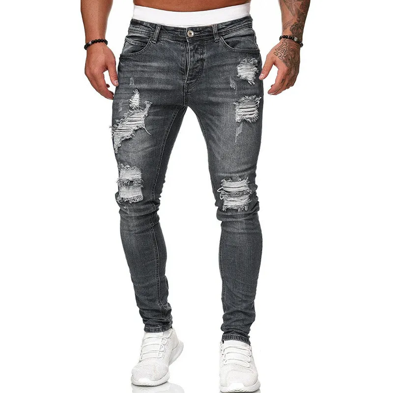 Fashion Street Style Ripped Skinny Jeans Men Vintage Wash Solid Denim Trouser Mens Casual Slim Fit Pencil Denim Pants - Image 3