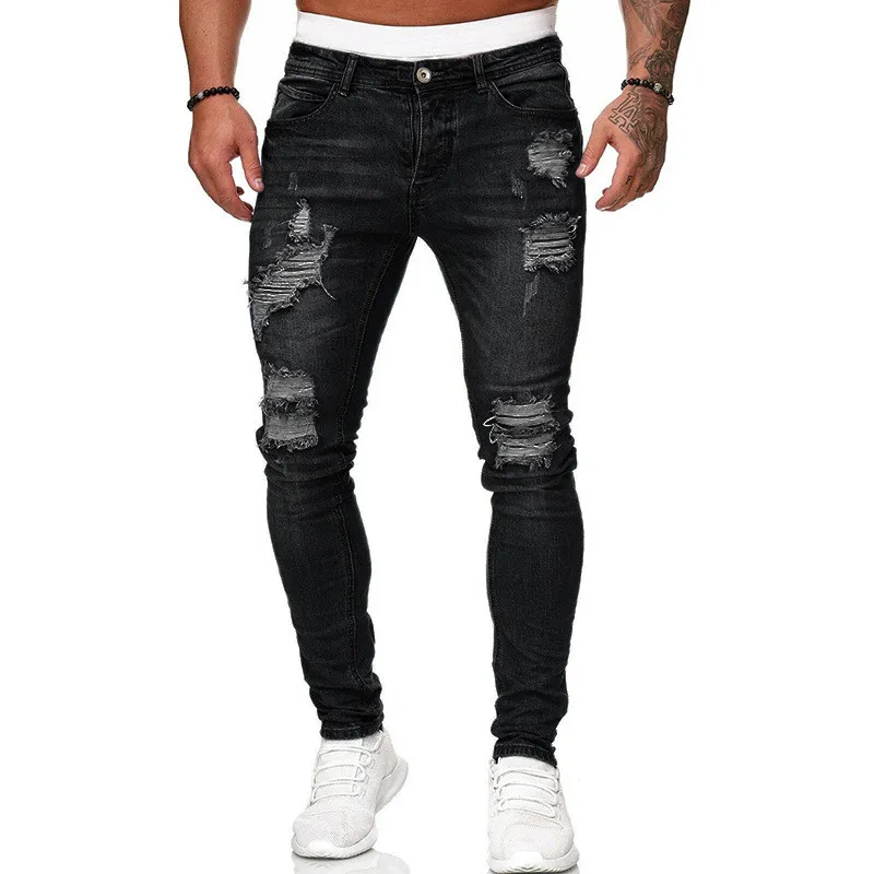 Fashion Street Style Ripped Skinny Jeans Men Vintage Wash Solid Denim Trouser Mens Casual Slim Fit Pencil Denim Pants - Image 6