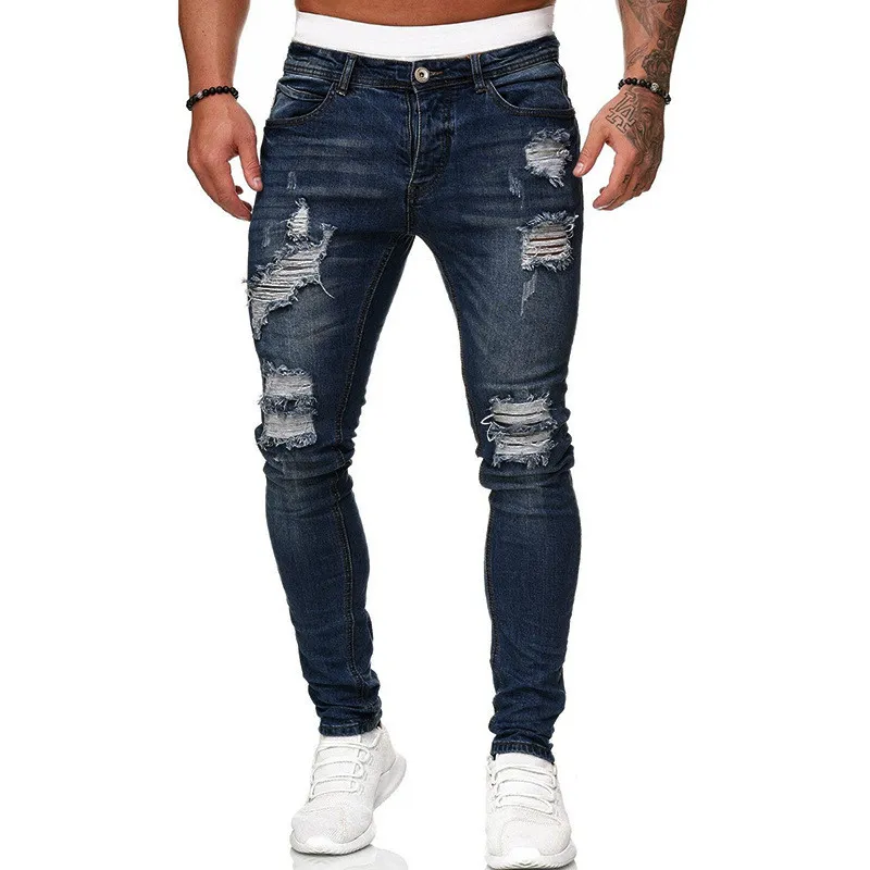 Fashion Street Style Ripped Skinny Jeans Men Vintage Wash Solid Denim Trouser Mens Casual Slim Fit Pencil Denim Pants - Image 4